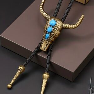 Men's Western Bull Head Bolo Tie with Turquoise Accents